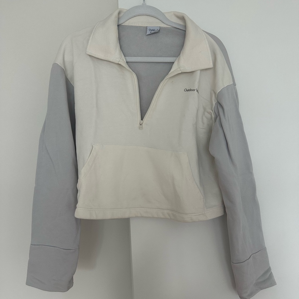 Outdoor Voices Cream Gray Boxy Crop Polo Hoodie